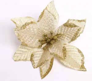 Flor de poinsettia blanca de Navidad de terciopelo directo de fábrica con purpurina