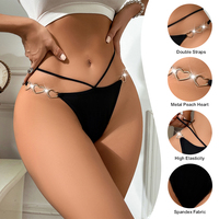 Ladies Sexy Valentine's Day Black Love Steel Heart Ring Thongs and Young Woman Thin Belt Cotton Breathable Underwear