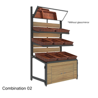 Grote capaciteit multi-sectie displayrek met manden, houten kastvoet, zwart stalen frame voor supermarkt fruit en groenten