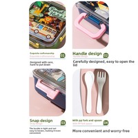 Boîte à lunch à 4 compartiments avec poignée, anti-fuite, sans BPA, pour le déjeuner scolaire, avec compartiment à sauce et couverts, compatible micro-ondes