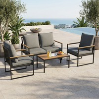 Set Sofa Outdoor Modern 4 Buah, Sandaran Tangan Non-Kayu, Bantal Kain Pewarna Benang 180G, Alas Jala 530G, Nyaman, Portabel, untuk Taman/Kebun