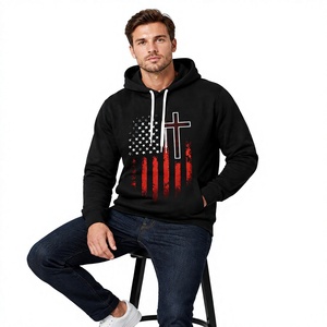 Stylish Black Printed Pullover <b>Hoodie</b> Featuring Star Stripe Graphic <b>Red</b> Accent and Cross Inspired Front Artwork - Product Image 6