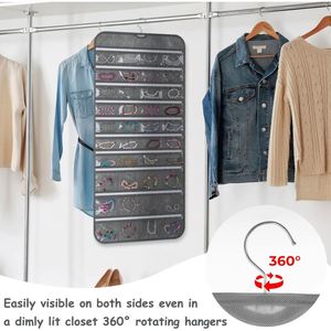 Double-Sided Folding Hanging Jewelry Organizer 80 Pockets 36 Hooks Fabric Storage Bag with Zipper for Earrings Necklaces Rings - Product Image 3