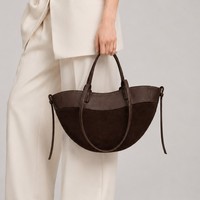 Tas Tote Mewah Berbahan Suede dengan Desain PU Kombinasi Jahitan Dua Warna Kontras Tas Selempang Wanita Tas Tangan Berkapasitas Besar