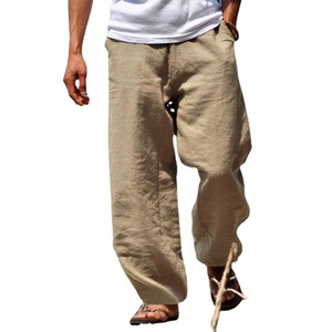 Pantalon droit ample en coton et lin pour hommes, respirant, décontracté, léger, pour la plage et les voyages, blanc, gris - Product Image 2
