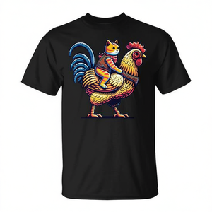เสื้อยืดลายแมวขี่ไก่ สำหรับผู้ใหญ่ คอกลม แขนสั้น พิมพ์ลายดิจิตอล ดีไซน์เพื่อการส่งเสริมการขาย - Product Image 2