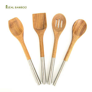 理想的な竹OEMエコフレンドリーアカシア木製スプーン＆スロットスプーン＆スパチュラ調理器具（金属ハンドル付き） - Product Image 1