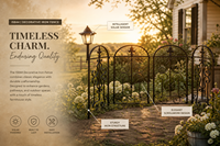 Lanterne solaire décorative pour clôture de jardin avec panneaux en fer forgé, motifs floraux, design écologique et durable, piquets de fixation au sol