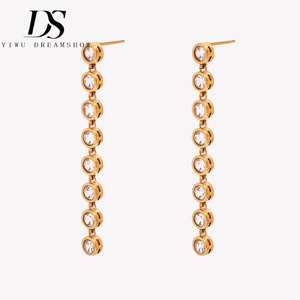Dreamshow Stainless Steel Dangle <strong>Stud</strong> <strong>Earrings</strong> With Round Cubic Zirconia <strong>Chain</strong> Minimal Style Long Drop <strong>Earrings</strong> Gold Jewelry - Product Image 1
