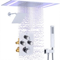 Système de douche thermostatique double à effet pluie avec robinetterie chromée pour hôtel, avec tête de douche LED 14x20 pouces à montage au plafond, tête de douche murale de 6 pouces et douchette à valve