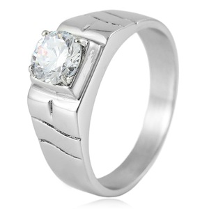 yunnique Stainless Steel Wedding <b>Ring</b> <b>Silver</b> White Stone Prong Setting Geometric Design Unisex Engagement <b>Ring</b> - Product Image 1