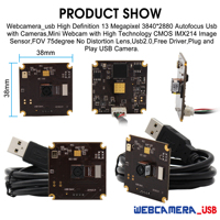 ELP Modul Kamera USB Fokus Otomatis 13MP Sensor IMX214 dengan Lensa Tanpa Distorsi FOV 75 Derajat Mini USB dengan Dukungan Kamera 3840X2880