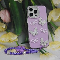 Étui de téléphone portable antichoc pour iPhone X Xr Xs Max 11 12 13 14 15 16 17 Pro Max, coques de protection papillon avec bracelets