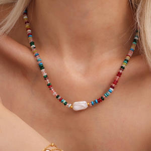 Nuevo Collar Bohemio Hecho a Mano con Cuentas de <span class=keywords><strong>Ábaco</strong></span>, Piedra Natural Colorida, Colgante de Perla Barroca, Collar de Acero Inoxidable - Product Image 2