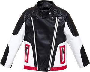 Veste en cuir pour enfants avec logo personnalisé d'usine OEM, couleur contrastée blanc-rouge, veste de motard pour enfants, fermeture éclair décorative, cuir PU - Product Image 2