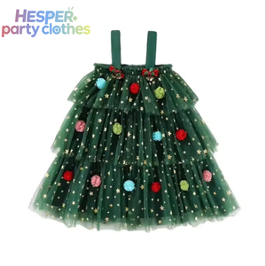 Vestido de tul HESPER, el más popular para niñas, con bordado de árbol de Navidad, lentejuelas de estrella y diseño de pastel para fiesta. - Product Image 1