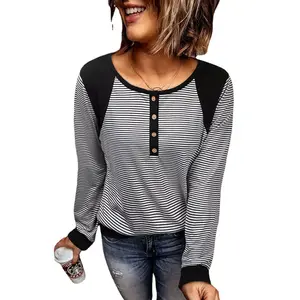 button tee tops Suppliers-Autumn Striped Print Tops Tshirt Women Casual Long Sleeve Round Neck Button Tee Tops Fashion Stitching Pullover Straight T-shirt