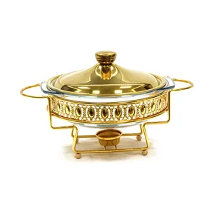 Luxury 2L large gold round chafing dish catering food warmer buffet set with glass dinner plate for wedding & hotel