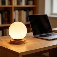 Lampe de table globe en bois massif rechargeable, commande tactile, LED dimmable, veilleuse USB - Lumière ambiante chaude pour usage intérieur et extérieur