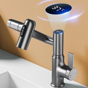Grifo de lavabo con pantalla Digital Led inteligente, grifo de lavabo giratorio de cascada alta gris, grifo Universal de baño montado en cubierta - Product Image 3
