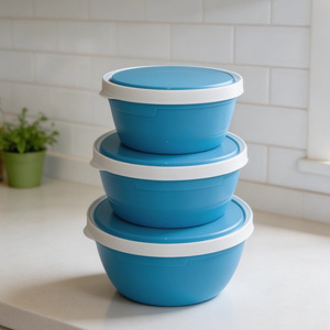 Round Food <b>Container</b> Set 3Pcs Red Plastic Airtight With Clip On Lid <b>For</b> <b>Kitchen</b> <b>Storage</b> - Product Image 4