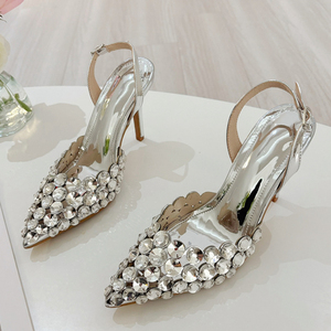 Elegant Pointed Toe Slingback Stiletto <b>Sandals</b> Crystal Diamonds Waterproof Handmade Women Pumps High Heels Summer Wedding - Product Image 5