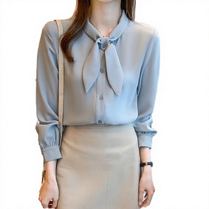 Blusa de Manga Larga para Mujer, Lisa, con Cuello de Lazo y Botones al Frente, Tejido de Tela, Estilo Casual para Oficina, Primavera, Verano, Otoño - Product Image 2