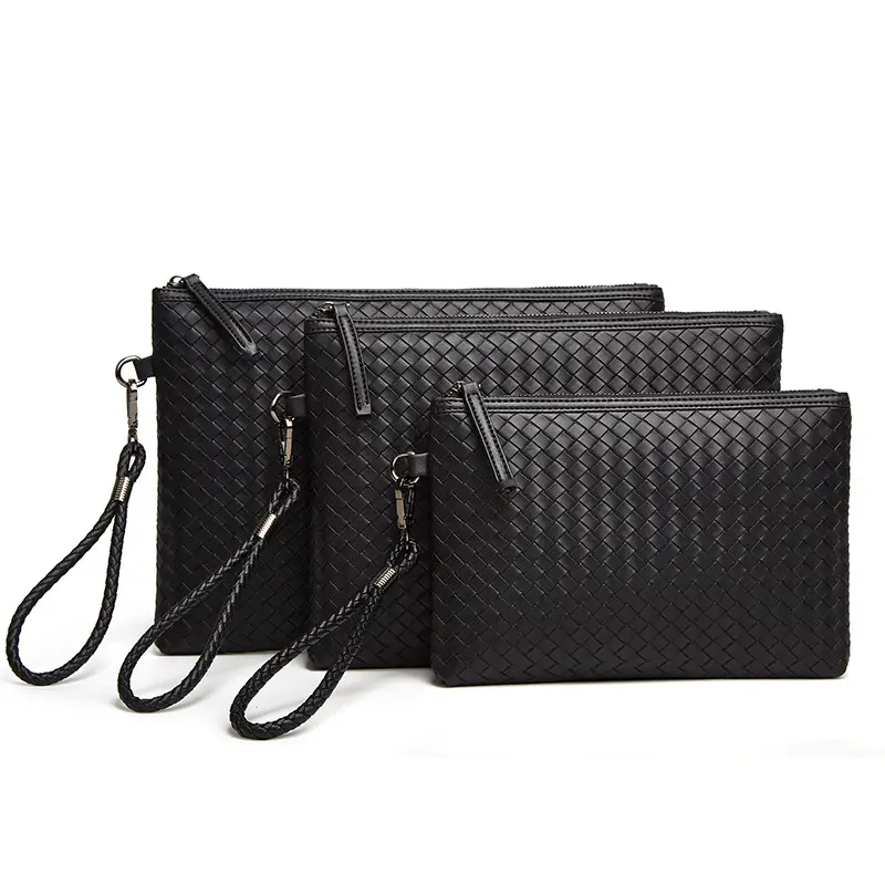 Latest Men Woven PU Leather Clutch Bags Business Style Black Zipper Purse Wristband Soft Polyester Lining Wallets