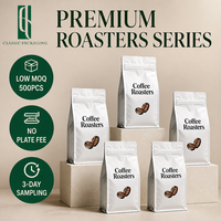 Sachet de café à fond plat en aluminium blanc imprimé sur mesure avec valve à fermeture éclair pour torréfacteur premium 250g 500g 1kg 12oz Marque privée