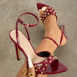 Sandales sexy en cuir verni noir à clous dorés, bout pointu ouvert, talons aiguilles, bride cheville, <span class=keywords><strong>chaussures</strong></span> de soirée - Product Image 2