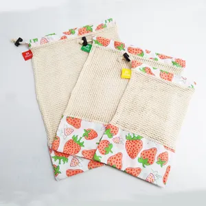 BSCIファクトリーエコフレンドリー巾着コットンメッシュネット果物野菜用の再利用可能な食品貯蔵バッグ
