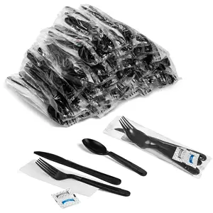 Personalizado preto Pp plástico resistente descartável guardanapo e talheres faca colher garfo conjunto