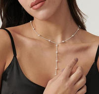 Collier Lariat Sexy Plaqué Or 18K PVD Chaîne 4-4.5mm avec Breloque Perle Blanche Véritable Style Y