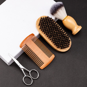 Ensemble de soins pour barbe Wanmei, peigne en bois, brosse à raser, ciseaux, couleur naturelle, kit 4 pièces pour homme - Product Image 3