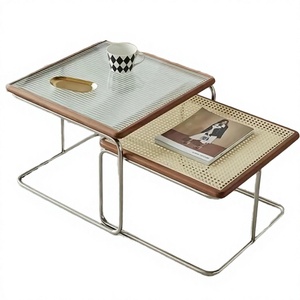 Ensemble complet de meubles de salon au design minimaliste moderne, 2 tables basses à double plateau en verre avec structure en acier, faciles à nettoyer - Product Image 3