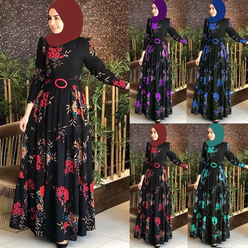 Flor Imprimir Roupas Islâmicas Mulheres Abaya Dubai Vestidos Manga Longa Kaftan Maxi Casual Abaya Mulheres Vestido Muçulmano