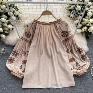 Kaus Musim Panas Wanita Blus Bordir Gaya Boho Retro Atasan Jubah Kemeja Kimono Lengan Kelelawar Hem Renda Longgar Blusa Feminina - Product Image 4