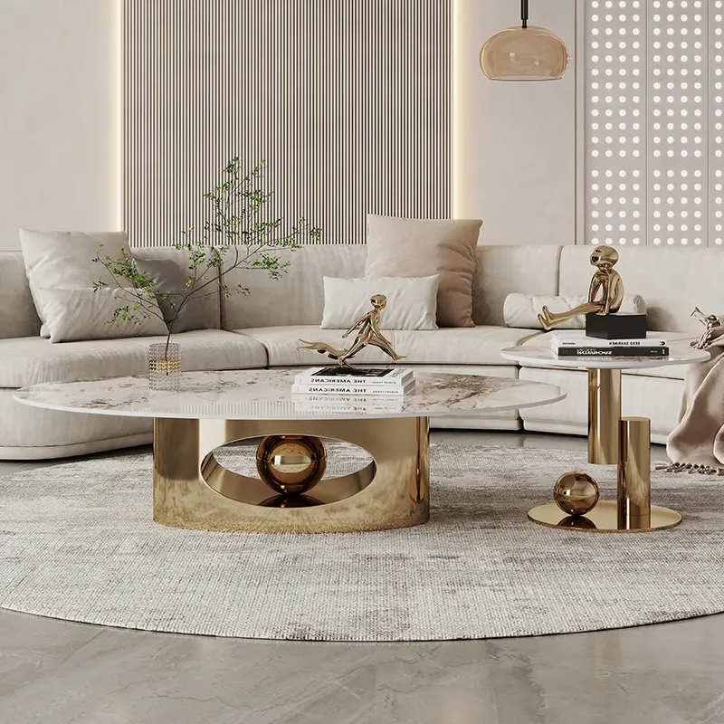 Nouveau design de table à thé en pierre frittée, ensemble de table basse en or central pour meubles de salon