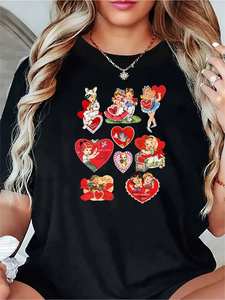 T-shirt con stampa a cuore per San Valentino, da donna, a maniche corte, girocollo, casual, per le vacanze, in morbido tessuto jersey traspirante - Product Image 3