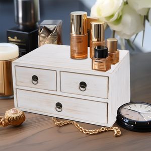 Small White <strong>Wooden</strong> Desk <strong>Storage</strong> <strong>Box</strong> 3 Wire Drawers Single Tier Rectangle Multifunction Lacquered Organization Home Office - Product Image 1