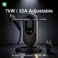 Nouveau chargeur EV portable 7 kW, type 2, prise EU, courant réglable 32A, écran couleur 2,8 pouces, câble de 5 m avec sac de rangement, double bouton