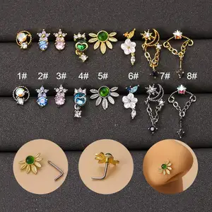 Wholesale Fashion Colored Zircon Heart Flowers Stars And Moon Chains Ring Nose Fine Jewelry Piercing Jewelry /