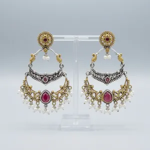 Groothandel Indiase geoxideerde kroonluchter oorbellen imitatie parel marquise snede voor vrouwen antiek zilver look vintage boho etnisch - Product Image 2