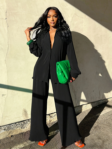 Tenue 2 pièces pour femme-Chemise plissée à boutons floraux-Pantalon palazzo au genou-Tricot en laine décontracté pour l'été et l'automne-Taille XL - Product Image 5