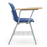 Chaise d'école avec tablette d'écriture intégrée sous le siège, porte-livres en treillis métallique, structure en acier gris, idéale pour bibliothèque, salle de lecture, bureau