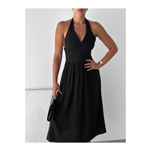 Women's Black Halter Neck Dress Elastic Waist Viscose Fabric Party Wear Sleeveless Backless Mid Length - Product Image 4