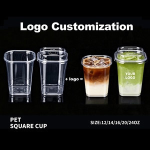 Bicchieri di <span class=keywords><strong>Plastica</strong></span> Quadrati Monouso in PET Trasparente da 93mm 12/14/16/20/24oz con Coperchi, Personalizzabili con Logo, per Negozi di Bubble Tea, Caffè e Succhi - Product Image 1