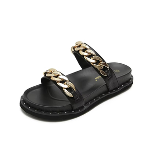 Sandales de plage d'été pour femmes, double bande, chaîne dorée, rivets, tongs rétro, grandes tailles - Product Image 5