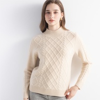 Pull en cachemire pur pour femme, col montant, motif losanges, manches longues, tricoté, chaud, avec ourlet côtelé