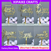Décoration de gâteau Joyeux Anniversaire en acrylique doré effet miroir, motifs floraux, papillons, géométriques, hexagones et arche, pour fournitures de fête
